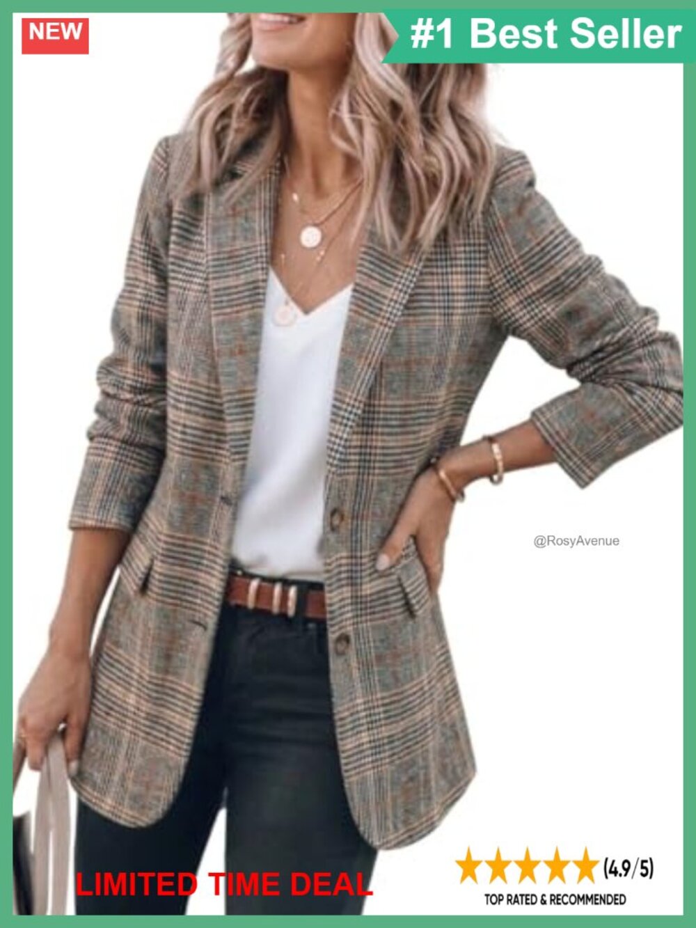 Tweed Plaid Houndstooth Blazer Notch Lapel Two Button Work Jacket